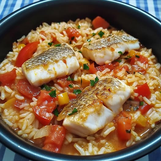 Rice with fish, tomatoes, and peppers – a quick and healthy meal full of flavor.