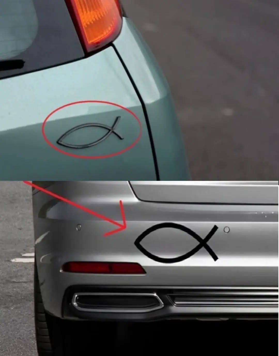 What does the small fish-shaped symbol seen on the back of some cars mean, and why is it used?