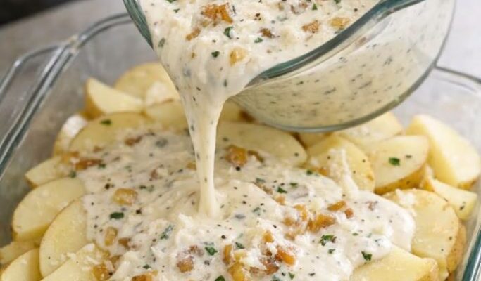 Pour this 1 creamy pour-over over potatoes into a glass casserole dish for a cozy winter supper that’s absurdly satisfying