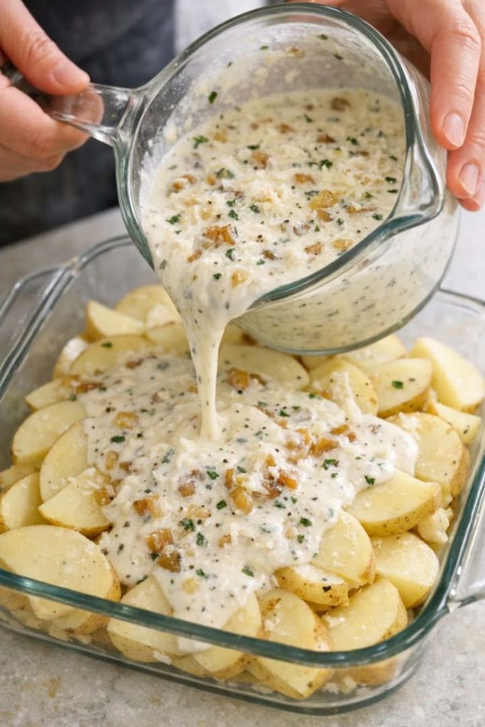 Pour this 1 creamy pour-over over potatoes into a glass casserole dish for a cozy winter supper that’s absurdly satisfying