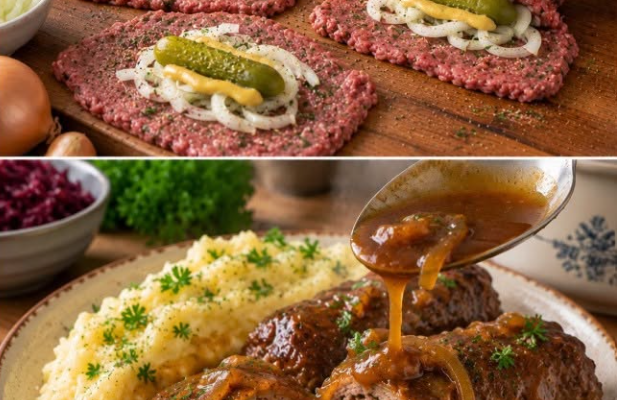 Meat roulades with gherkins in dark onion sauce