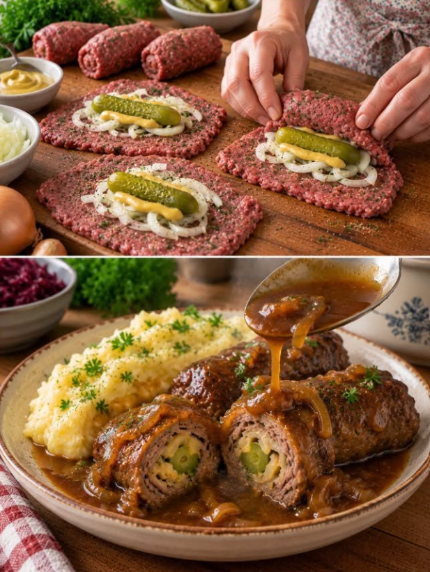 Meat roulades with gherkins in dark onion sauce