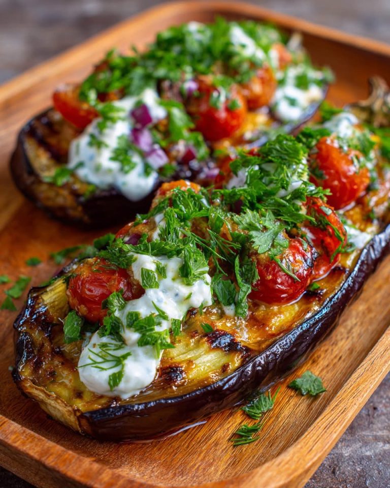Aubergines rôties à l’ail, tomates et sauce au yaourt