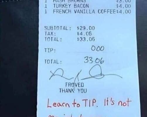 Restaurant Note Sparks Tipping Debate: Customer Left Zero Tip with a Harsh Note